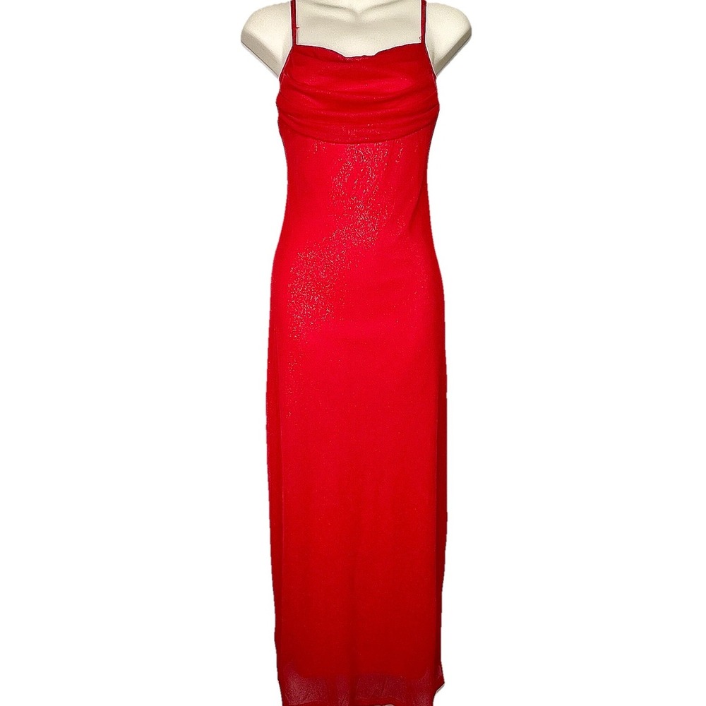 Vintage‎ 90s Y2K Red Maxi Dress Cowl Neck Slinky Mesh Stretch Prom Candy Rocket